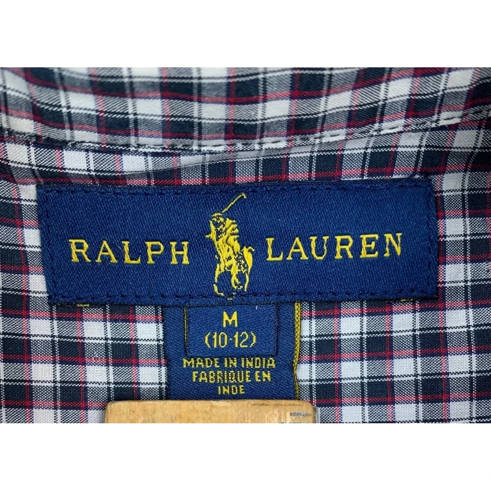 Ralph Lauren Button Down Shirt Boys M 10-12 Navy Red Plaid Hooey Western Patches